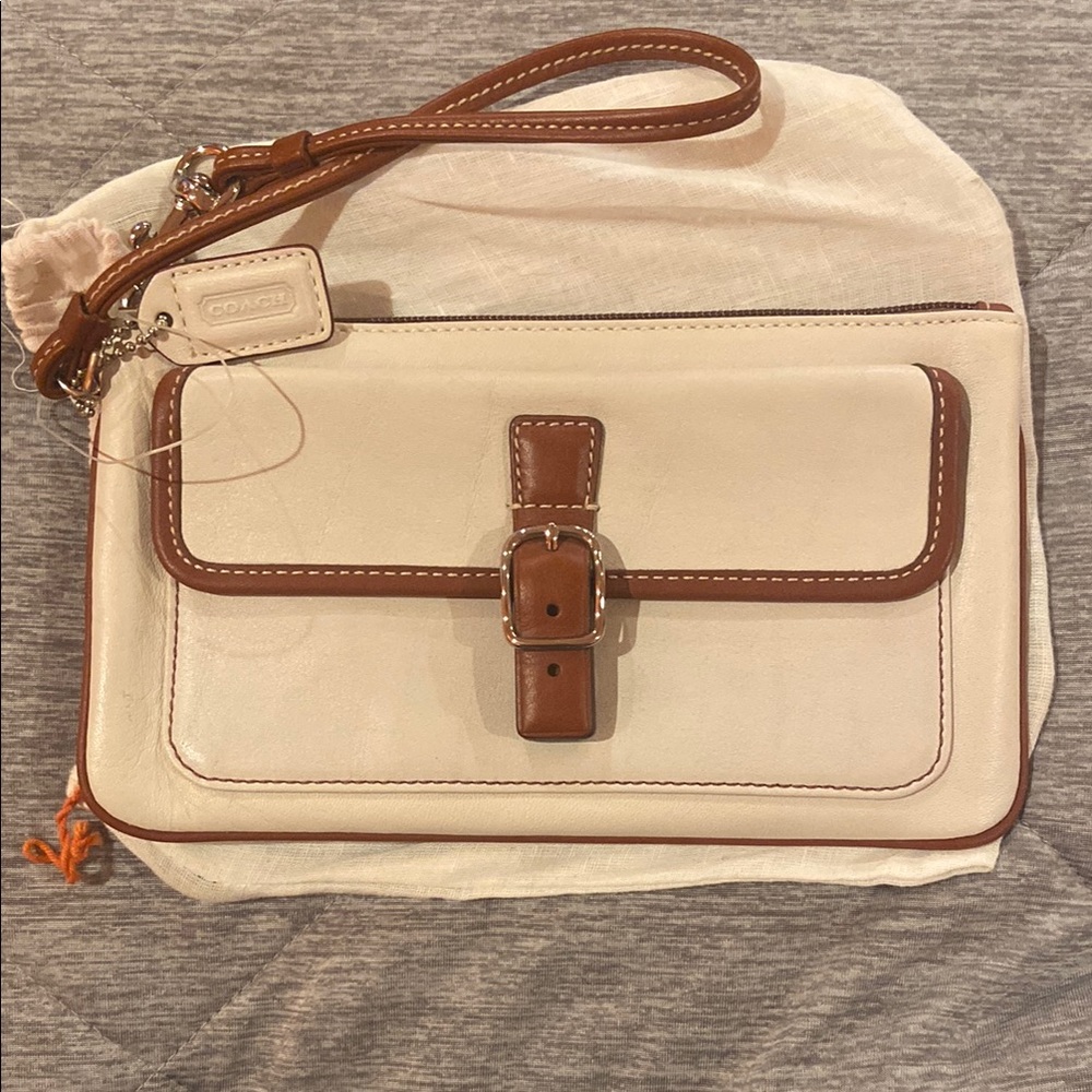 Coach Cream and Brown Clutch with Leather Trim